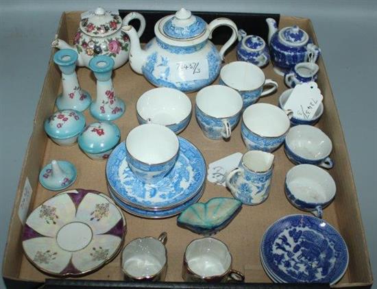 2 Willow pattern Childs tea services, 18 pieces; a childs dressing table set and other items